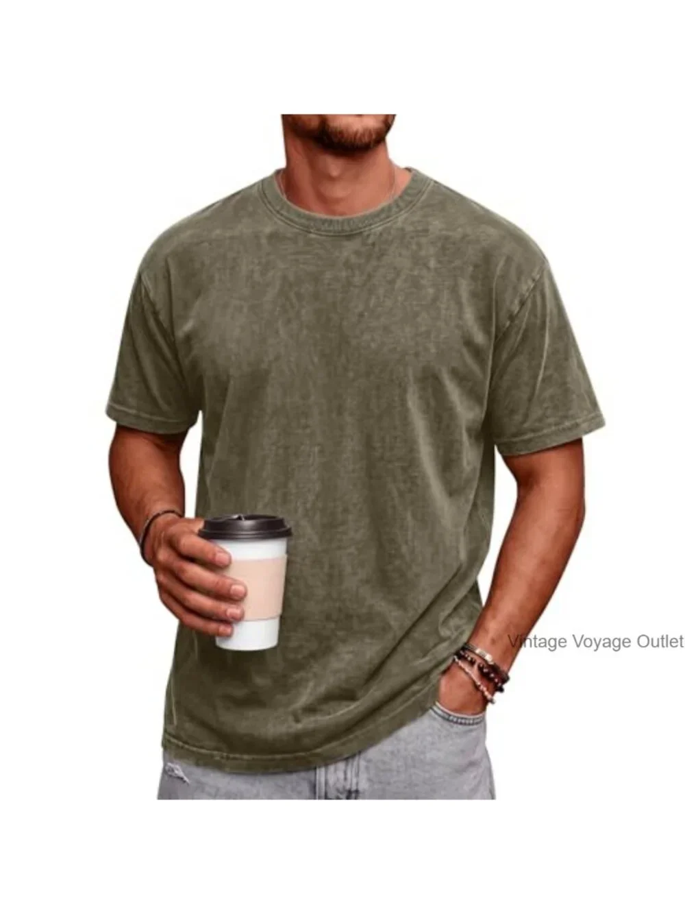Mens Oversized Vintage Washed Crew Neck T-Shirt Heavyweight Cotton Spandex